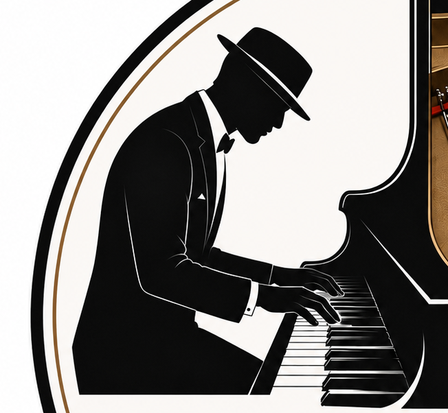 Silhouette of a pianist in formalwear performing at a grand piano
