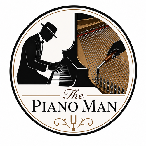 The Piano Man crest — a pianist in silhouette beside piano tuning strings and a tuning fork